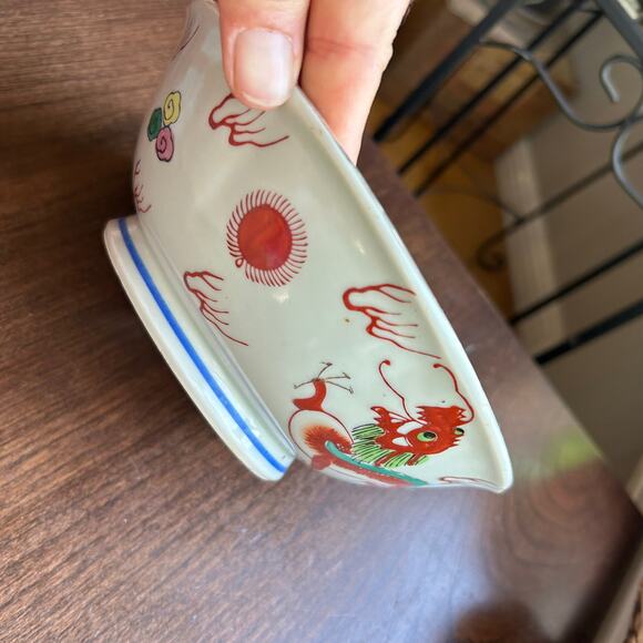 Vintage Chinese Red Dragon Flaming Pearl Bowl Hand Painted Rice Soup 1950’s - Picture 5 of 11